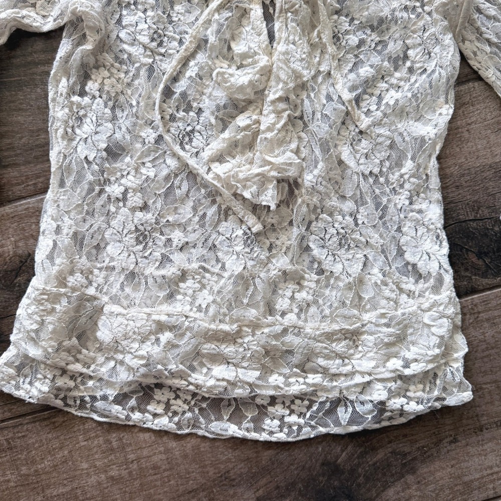 New York & Company Vintage Whimsigoth Tie Front Bell Sleeve Lace Blouse, Ivory,M - Picture 4 of 11